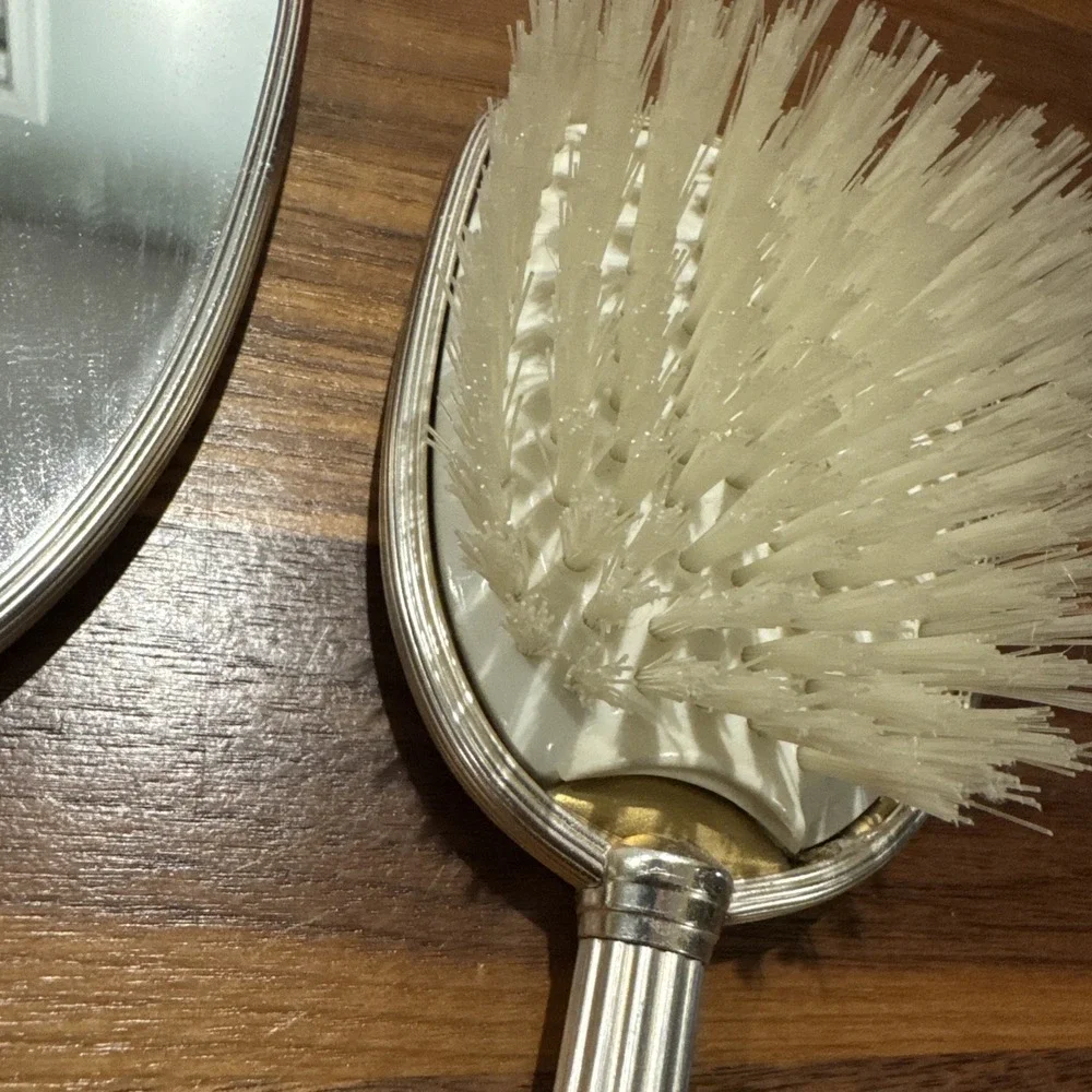 Vintage Mirror and Brush Vanity Set Silver Colored Brushed Finish